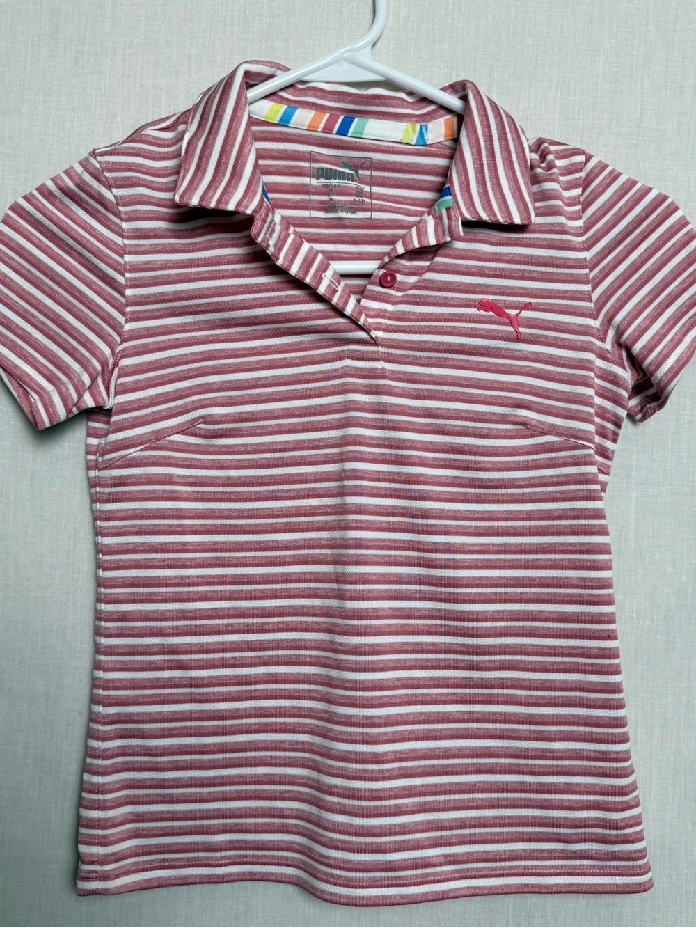 Puma Girls Pink White Striped Polo Shirt Youth Medium 10 Athletic Casual Top